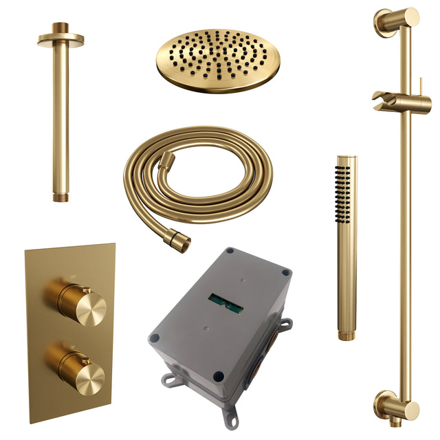 BRAUER Gold Edition thermostatische inbouw regendouche 3-weg omstelling SET 41 met 20 cm douchekop en plafondarm en staaf handdouche en doucheslang en geïntegreerde glijstang goud geborsteld PVD