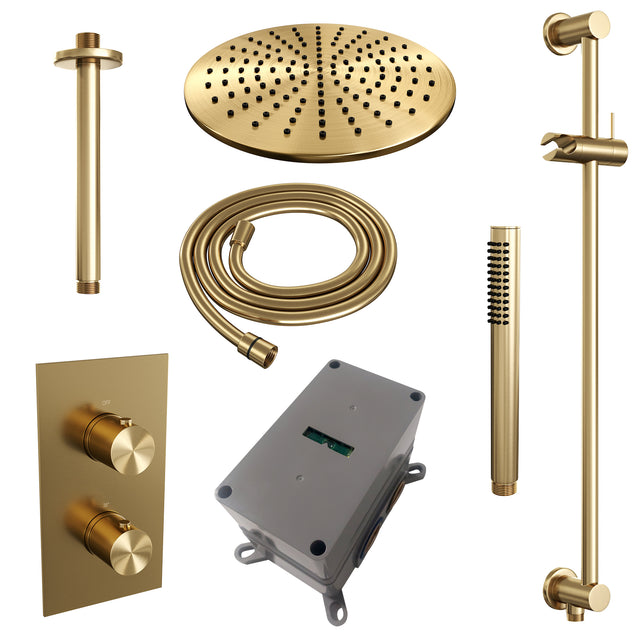 BRAUER Gold Edition thermostatische inbouw regendouche 3-weg omstelling SET 42 met 30 cm douchekop en plafondarm en staaf handdouche en doucheslang en geïntegreerde glijstang goud geborsteld PVD