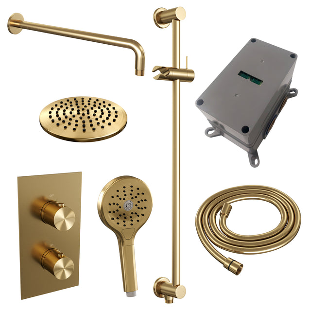 BRAUER Gold Edition thermostatische inbouw regendouche 3-weg omstelling SET 45 met 20 cm douchekop en gebogen muurarm en 3-standen handdouche en doucheslang en geïntegreerde glijstang goud geborsteld PVD