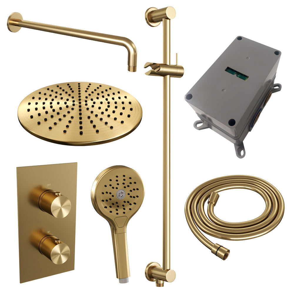BRAUER Gold Edition thermostatische inbouw regendouche 3-weg omstelling SET 46 met 30 cm douchekop en gebogen muurarm en 3-standen handdouche en doucheslang en geïntegreerde glijstang goud geborsteld PVD