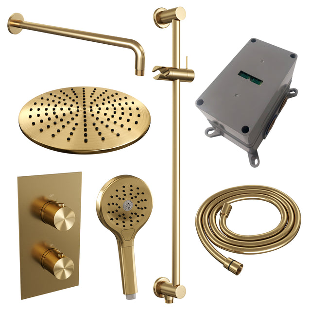 BRAUER Gold Edition thermostatische inbouw regendouche 3-weg omstelling SET 46 met 30 cm douchekop en gebogen muurarm en 3-standen handdouche en doucheslang en geïntegreerde glijstang goud geborsteld PVD