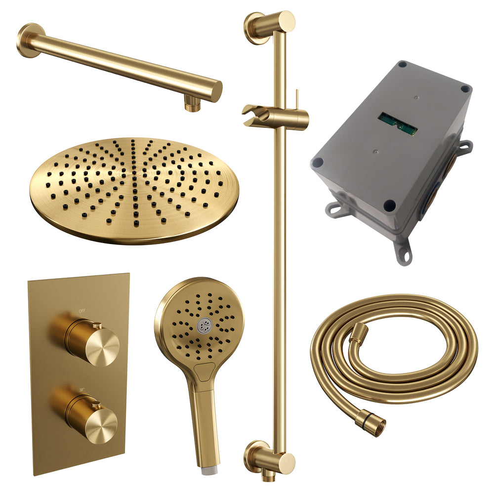BRAUER Gold Edition thermostatische inbouw regendouche 3-weg omstelling SET 44 met 30 cm douchekop en rechte muurarm en 3-standen handdouche en doucheslang en geïntegreerde glijstang goud geborsteld PVD