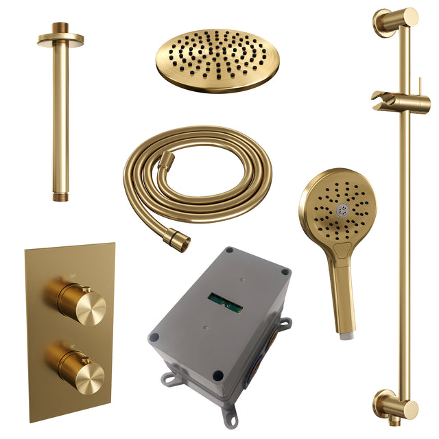 BRAUER Gold Edition thermostatische inbouw regendouche 3-weg omstelling SET 47 met 20 cm douchekop en plafondarm en 3-standen handdouche en doucheslang en geïntegreerde glijstang goud geborsteld PVD