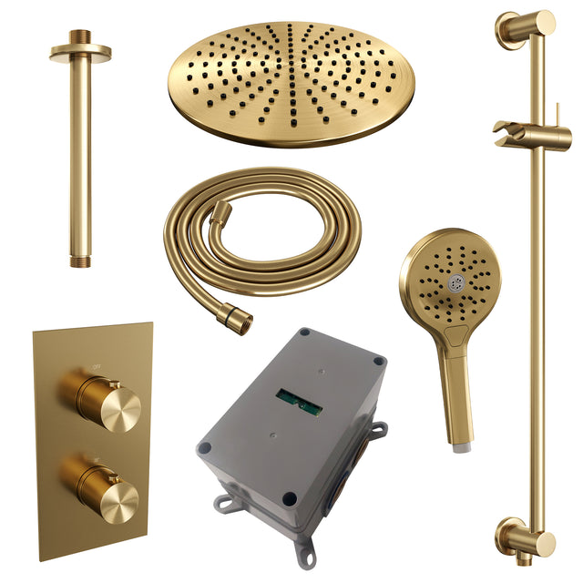 BRAUER Gold Edition thermostatische inbouw regendouche 3-weg omstelling SET 48 met 30 cm douchekop en plafondarm en 3-standen handdouche en doucheslang en geïntegreerde glijstang goud geborsteld PVD