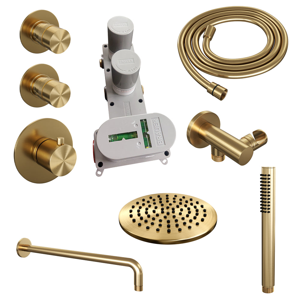 BRAUER Gold Edition thermostatische inbouw regendouche SET 03 met 20 cm douchekop en gebogen muurarm en staaf handdouche en doucheslang en wandaansluitbocht goud geborsteld PVD