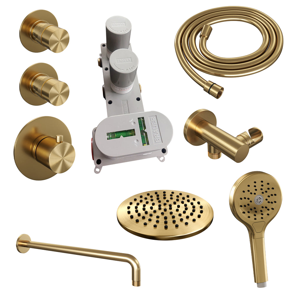 BRAUER Gold Edition thermostatische inbouw regendouche SET 09 met 20 cm douchekop en gebogen muurarm en 3-standen handdouche en doucheslang en wandaansluitbocht goud geborsteld PVD