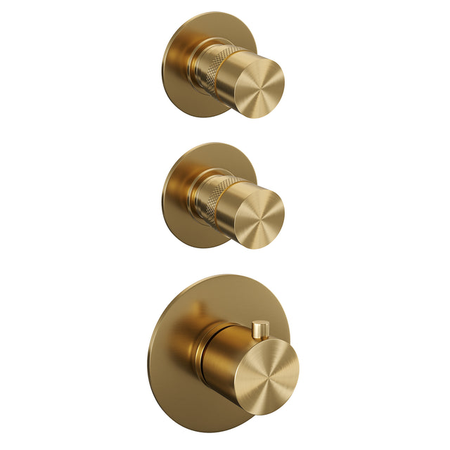 BRAUER Gold Edition thermostatische inbouw regendouche SET 09 met 20 cm douchekop en gebogen muurarm en 3-standen handdouche en doucheslang en wandaansluitbocht goud geborsteld PVD