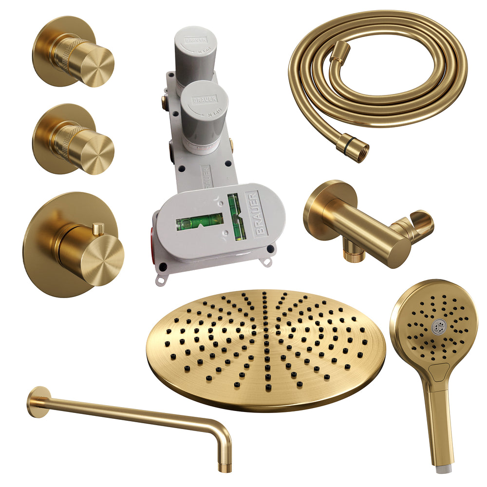 BRAUER Gold Edition thermostatische inbouw regendouche SET 10 met 30 cm douchekop en gebogen muurarm en 3-standen handdouche en doucheslang en wandaansluitbocht goud geborsteld PVD