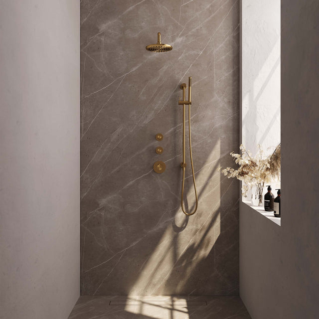 BRAUER Gold Edition thermostatische inbouw regendouche SET 15 met 20 cm douchekop en gebogen muurarm en staaf handdouche en doucheslang en geïntegreerde glijstang goud geborsteld PVD