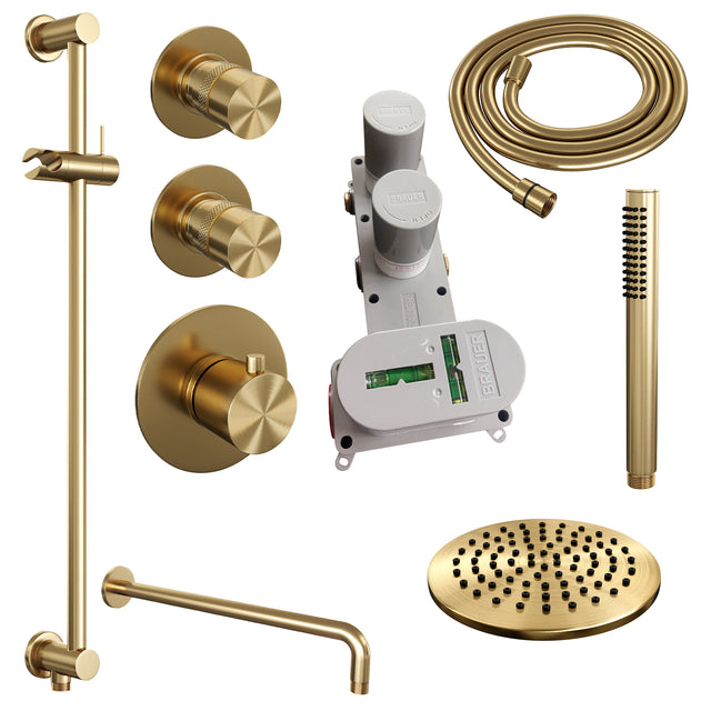 BRAUER Gold Edition thermostatische inbouw regendouche SET 15 met 20 cm douchekop en gebogen muurarm en staaf handdouche en doucheslang en geïntegreerde glijstang goud geborsteld PVD