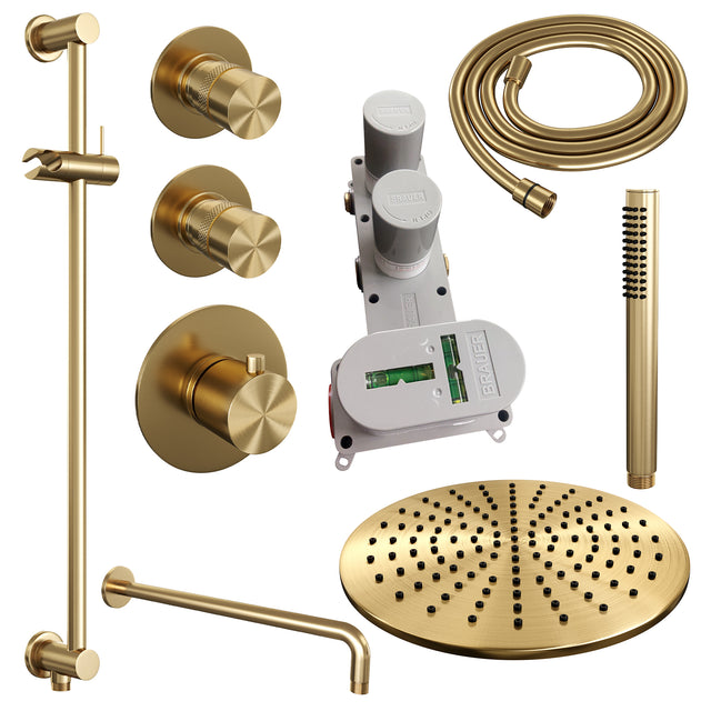 BRAUER Gold Edition thermostatische inbouw regendouche SET 16 met 30 cm douchekop en gebogen muurarm en staaf handdouche en doucheslang en geïntegreerde glijstang goud geborsteld PVD