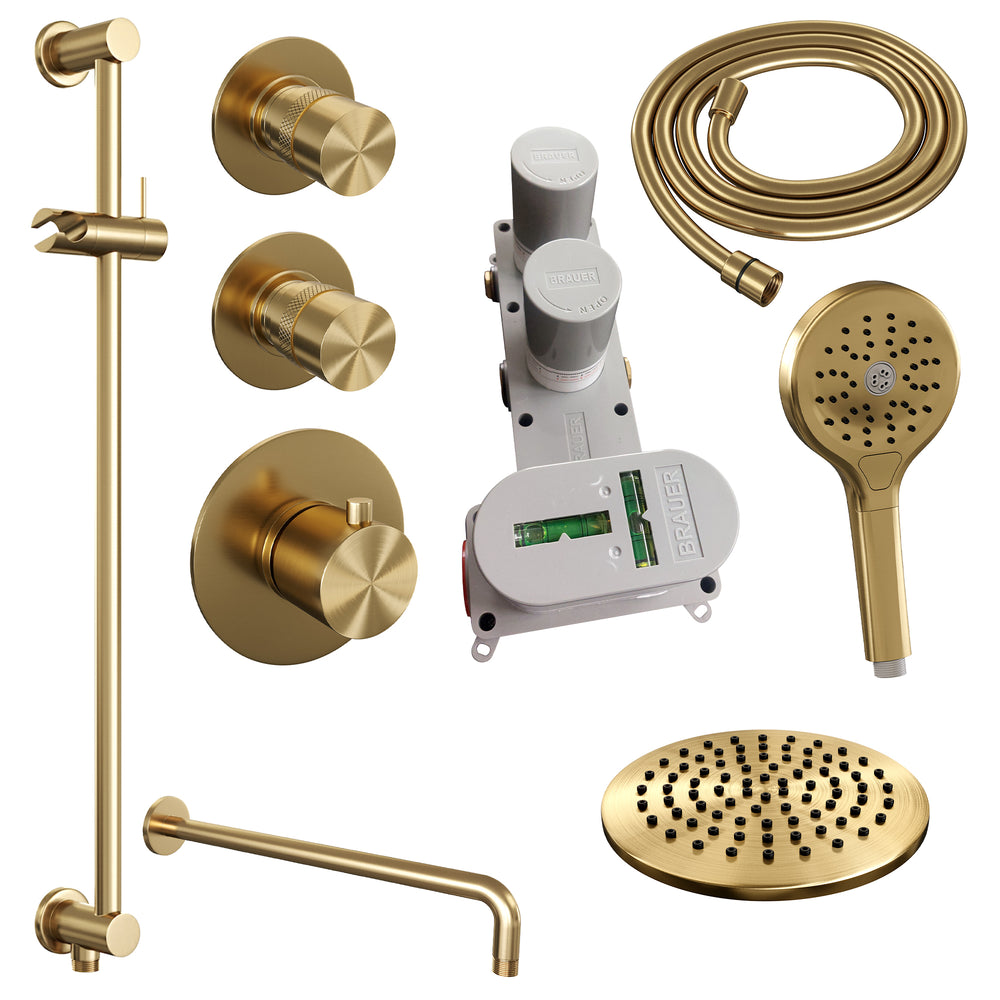 BRAUER Gold Edition thermostatische inbouw regendouche SET 21 met 20 cm douchekop en gebogen muurarm en 3-standen handdouche en doucheslang en geïntegreerde glijstang goud geborsteld PVD