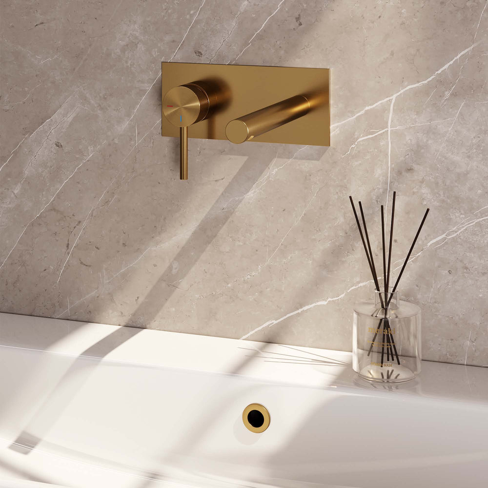 BRAUER Gold Carving inbouw wastafelmengkraan met rechte uitloop en afdekplaat model A2 goud geborsteld PVD 5-GG-083-S6