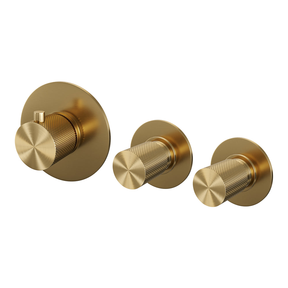 BRAUER Gold Carving thermostatische inbouw badkraan SET 02 met badvulcombinatie en 3-standen handdouche en doucheslang en wandaansluitbocht goud geborsteld PVD