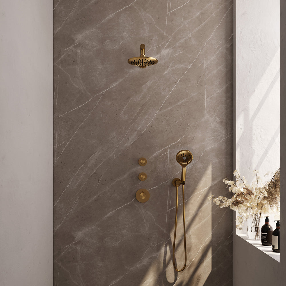 BRAUER Gold Carving thermostatische inbouw regendouche SET 07 met 20 cm douchekop en rechte muurarm en 3-standen handdouche en doucheslang en wandaansluitbocht goud geborsteld PVD