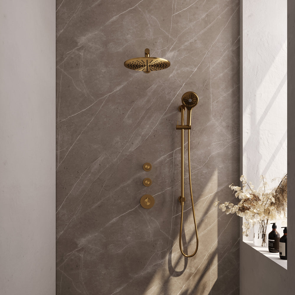 BRAUER Gold Carving thermostatische inbouw regendouche SET 20 met 30 cm douchekop en rechte muurarm en 3-standen handdouche en doucheslang en geïntegreerde glijstang goud geborsteld PVD