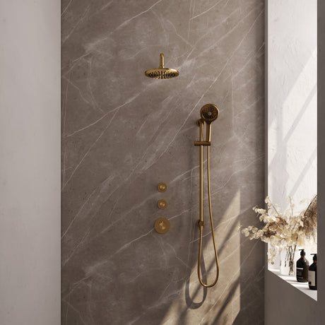 BRAUER Gold Carving thermostatische inbouw regendouche SET 21 met 20 cm douchekop en gebogen muurarm en 3-standen handdouche en doucheslang en geïntegreerde glijstang goud geborsteld PVD