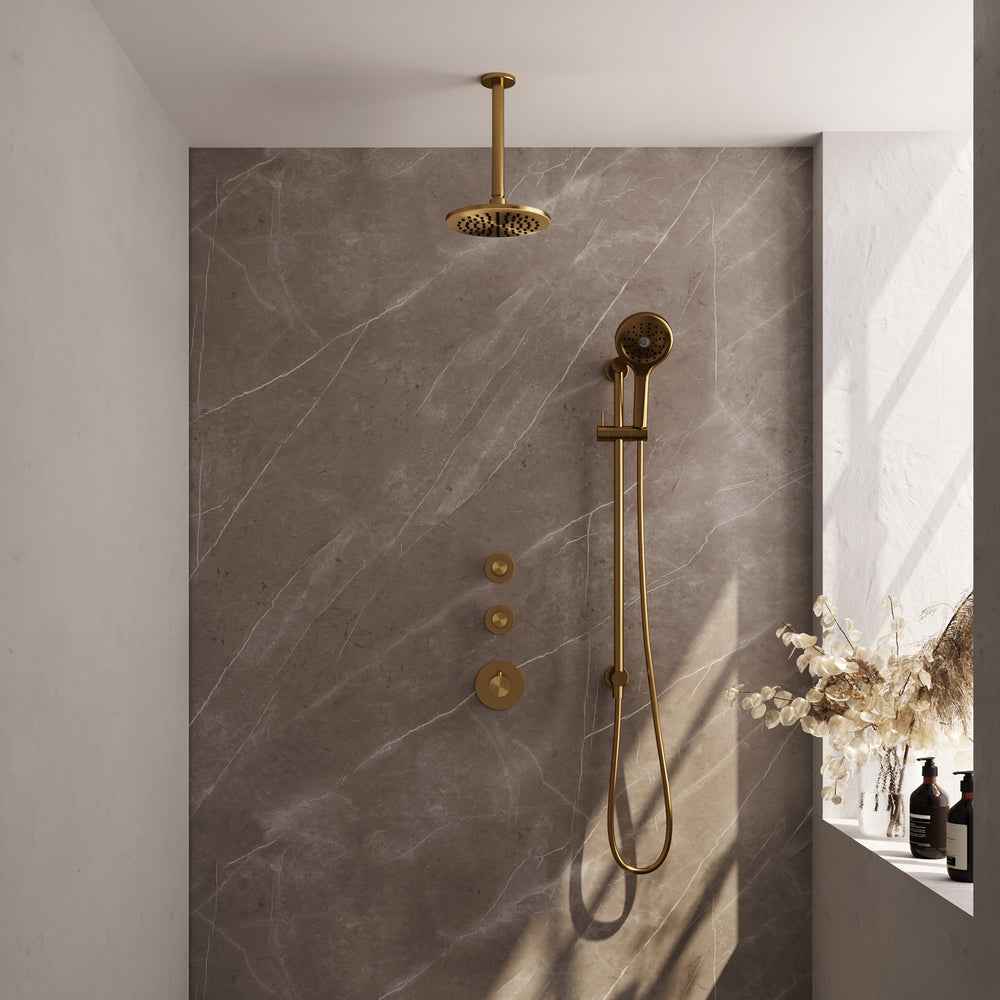 BRAUER Gold Carving thermostatische inbouw regendouche SET 23 met 20 cm douchekop en plafondarm en 3-standen handdouche en doucheslang en geïntegreerde glijstang goud geborsteld PVD