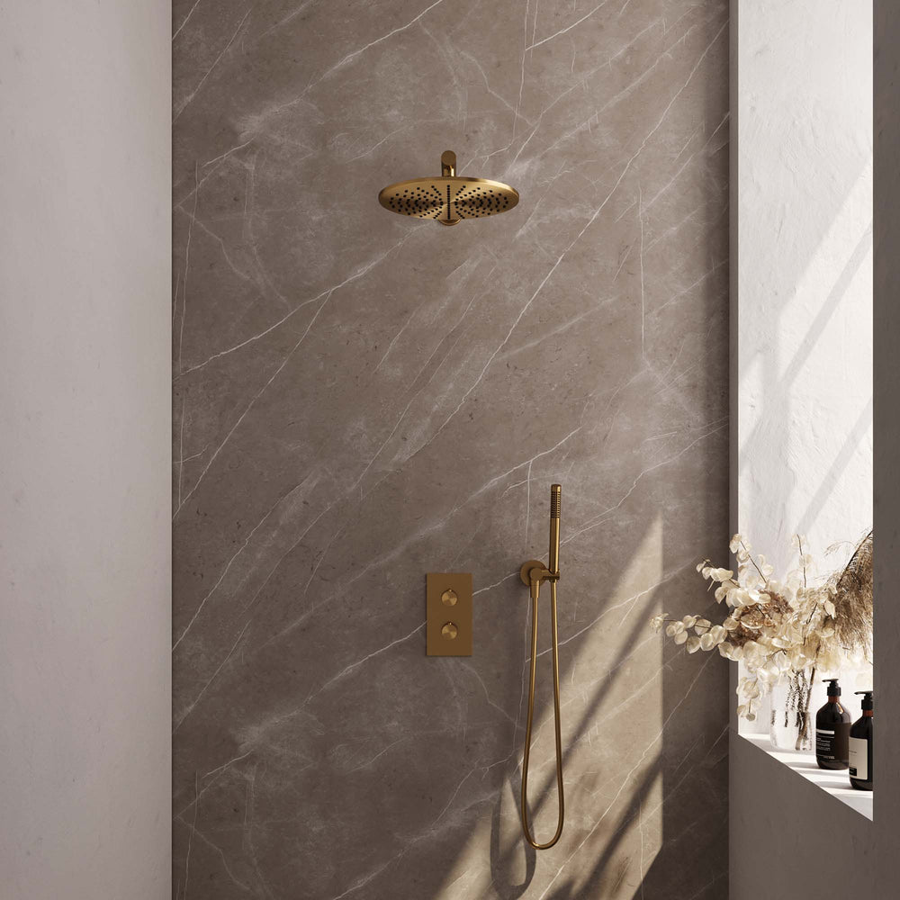 BRAUER Gold Carving thermostatische inbouw regendouche 3-weg omstelling SET 26 met 30 cm douchekop en rechte muurarm en staaf handdouche en doucheslang en wandaansluitbocht goud geborsteld PVD