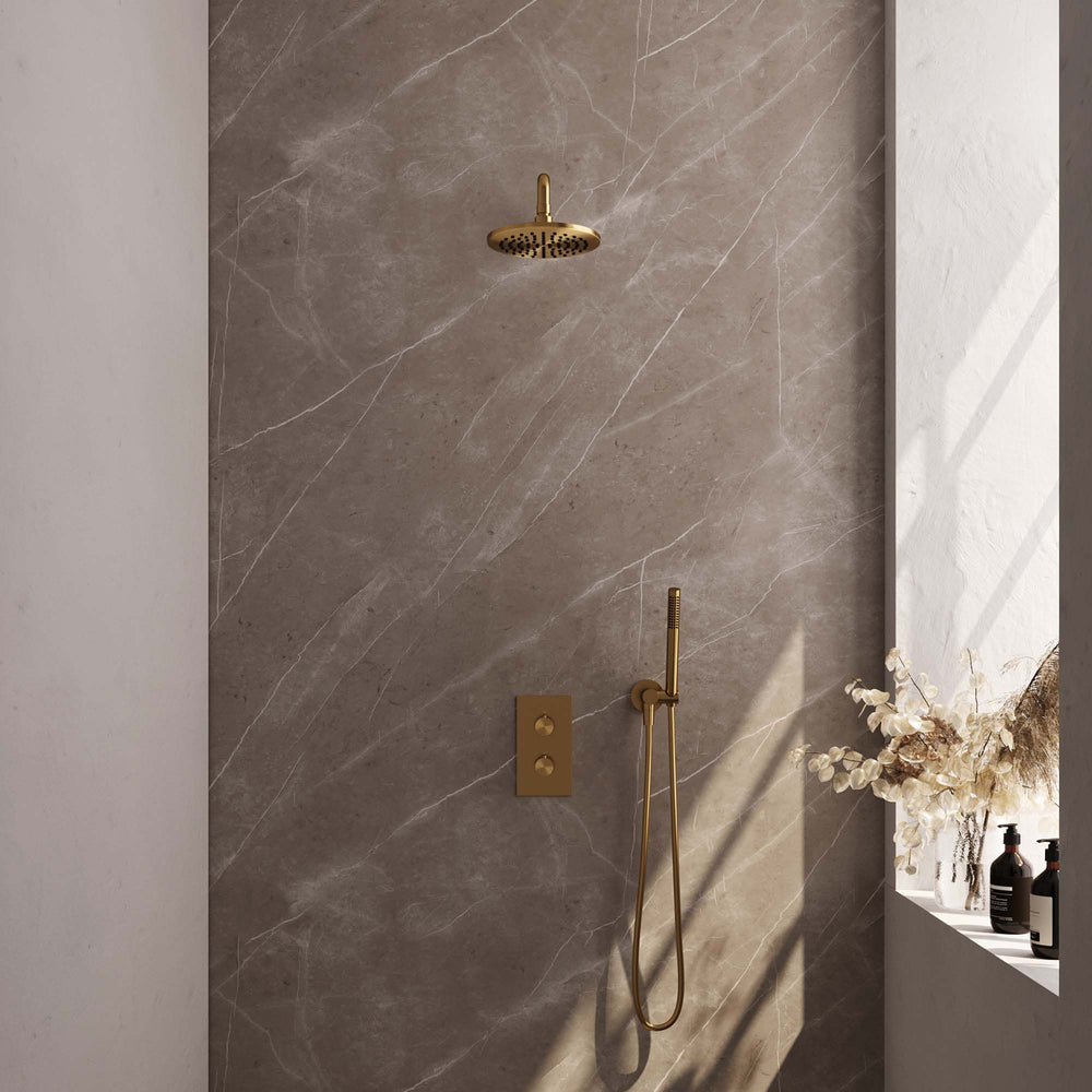 BRAUER Gold Carving thermostatische inbouw regendouche 3-weg omstelling SET 27 met 20 cm douchekop en gebogen muurarm en staaf handdouche en doucheslang en wandaansluitbocht goud geborsteld PVD