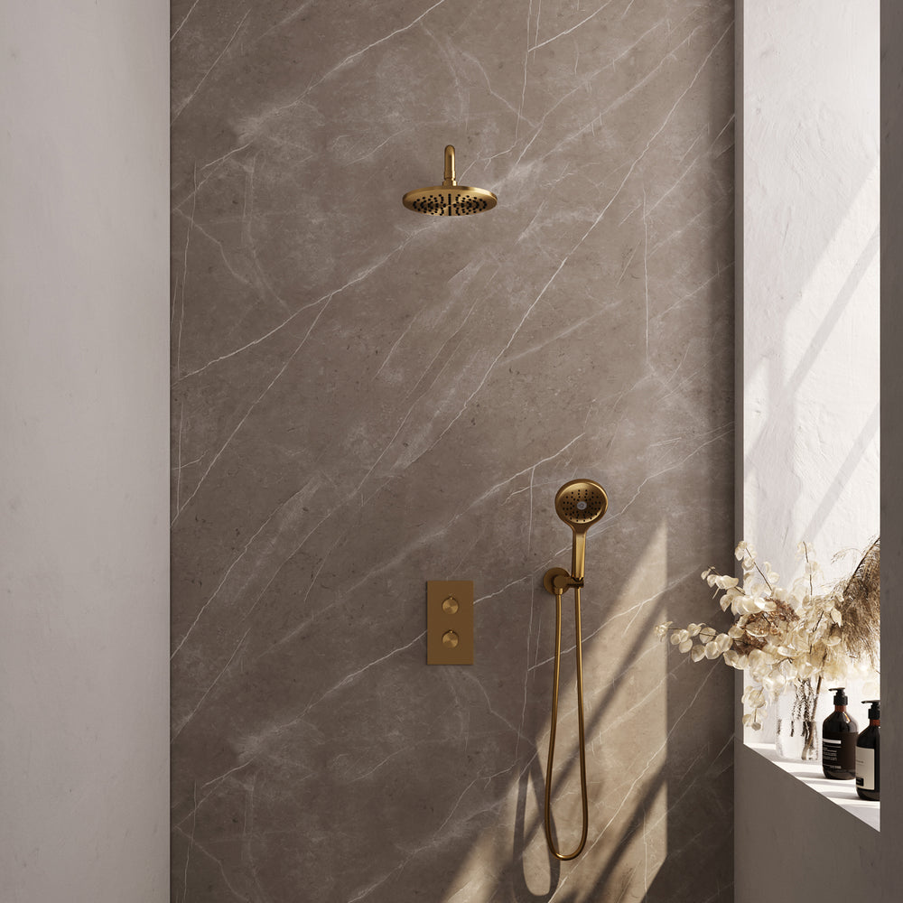 BRAUER Gold Carving thermostatische inbouw regendouche 3-weg omstelling SET 33 met 20 cm douchekop en gebogen muurarm en 3-standen handdouche en doucheslang en wandaansluitbocht goud geborsteld PVD