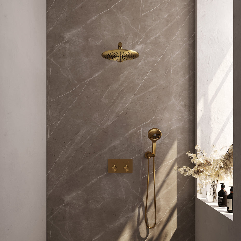 BRAUER Gold Edition thermostatische inbouw regendouche met drukknoppen SET 56 met 30 cm douchekop en rechte muurarm en 3-standen handdouche en doucheslang en wandaansluitbocht goud geborsteld PVD