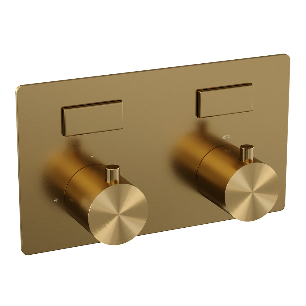 BRAUER Gold Edition thermostatische inbouw regendouche met drukknoppen SET 56 met 30 cm douchekop en rechte muurarm en 3-standen handdouche en doucheslang en wandaansluitbocht goud geborsteld PVD