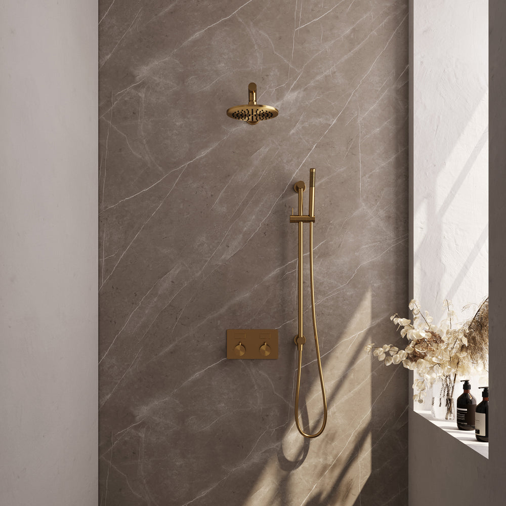 BRAUER Gold Edition thermostatische inbouw regendouche met drukknoppen SET 61 met 20 cm douchekop en rechte muurarm en staaf handdouche en doucheslang en geïntegreerde glijstang goud geborsteld PVD