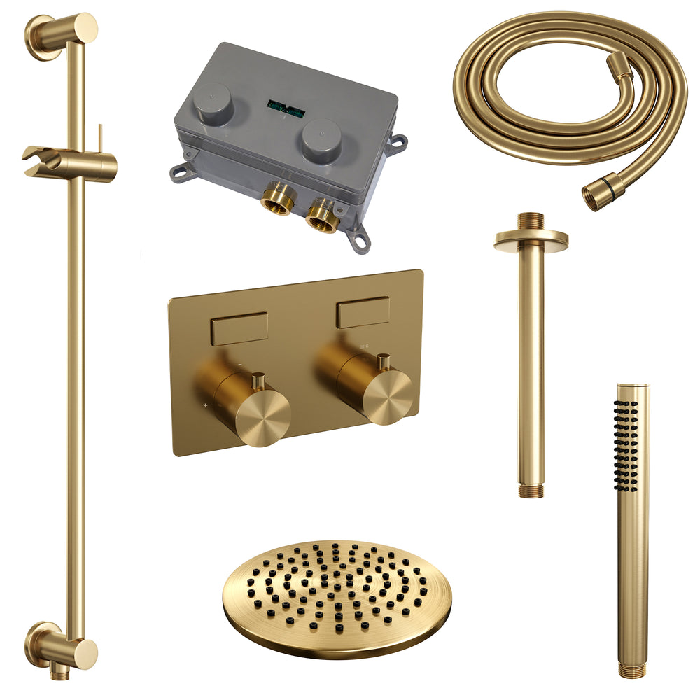 BRAUER Gold Edition thermostatische inbouw regendouche met drukknoppen SET 65 met 20 cm douchekop en plafondarm en staaf handdouche en doucheslang en geïntegreerde glijstang goud geborsteld PVD