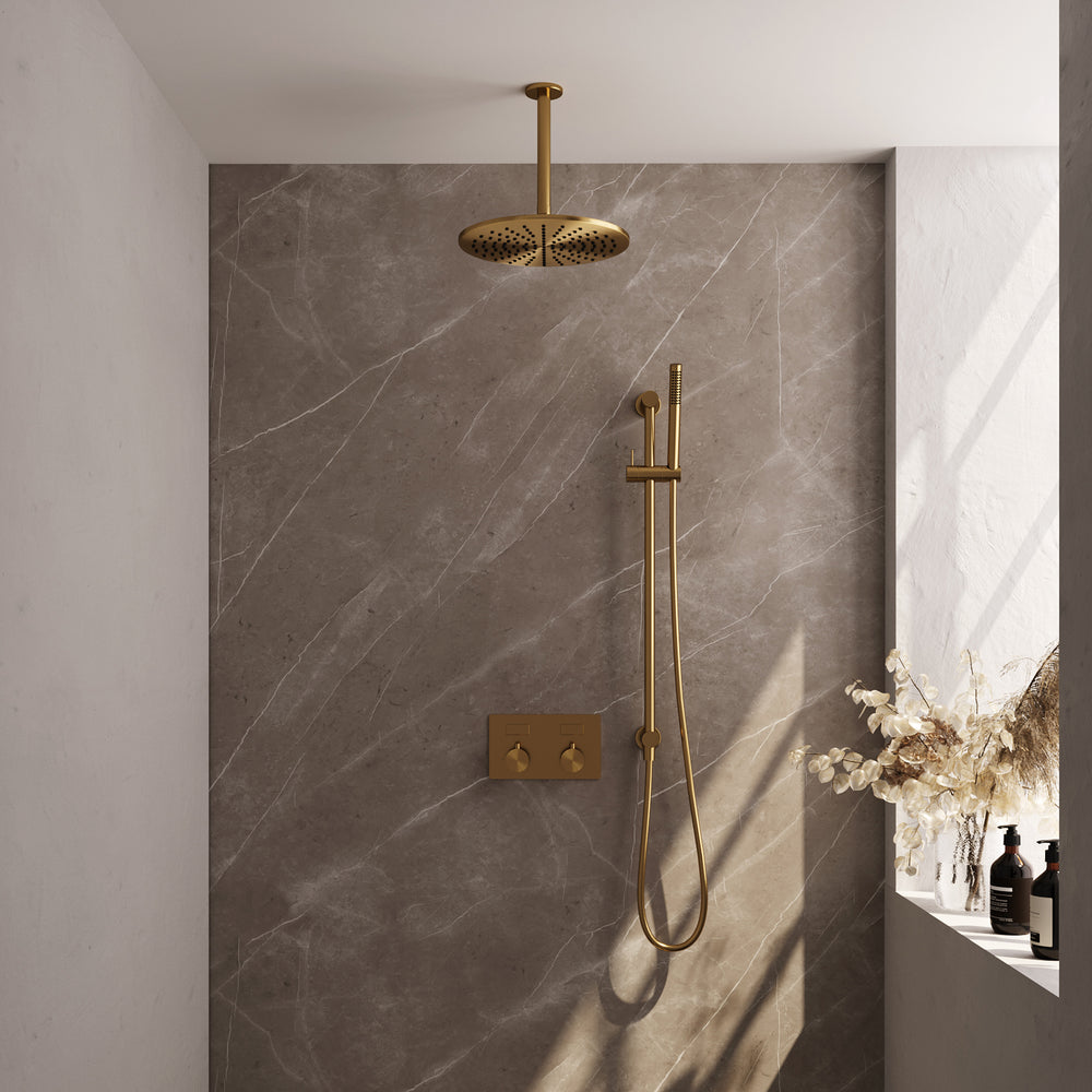 BRAUER Gold Edition thermostatische inbouw regendouche met drukknoppen SET 66 met 30 cm douchekop en plafondarm en staaf handdouche en doucheslang en geïntegreerde glijstang goud geborsteld PVD