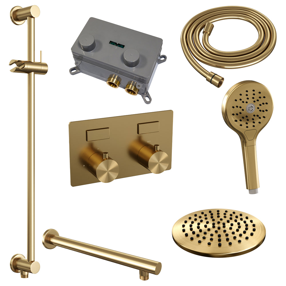 BRAUER Gold Edition thermostatische inbouw regendouche met drukknoppen SET 67 met 20 cm douchekop en rechte muurarm en 3-standen handdouche en doucheslang en geïntegreerde glijstang goud geborsteld PVD