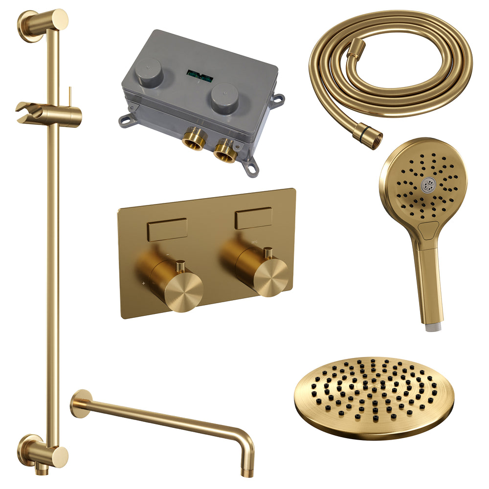 BRAUER Gold Edition thermostatische inbouw regendouche met drukknoppen SET 69 met 20 cm douchekop en gebogen muurarm en 3-standen handdouche en doucheslang en geïntegreerde glijstang goud geborsteld PVD