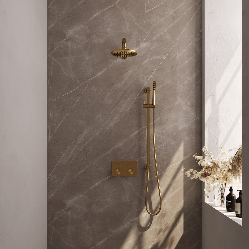 BRAUER Gold Carving thermostatische inbouw regendouche met drukknoppen SET 61 met 20 cm douchekop en rechte muurarm en staaf handdouche en doucheslang en geïntegreerde glijstang goud geborsteld PVD