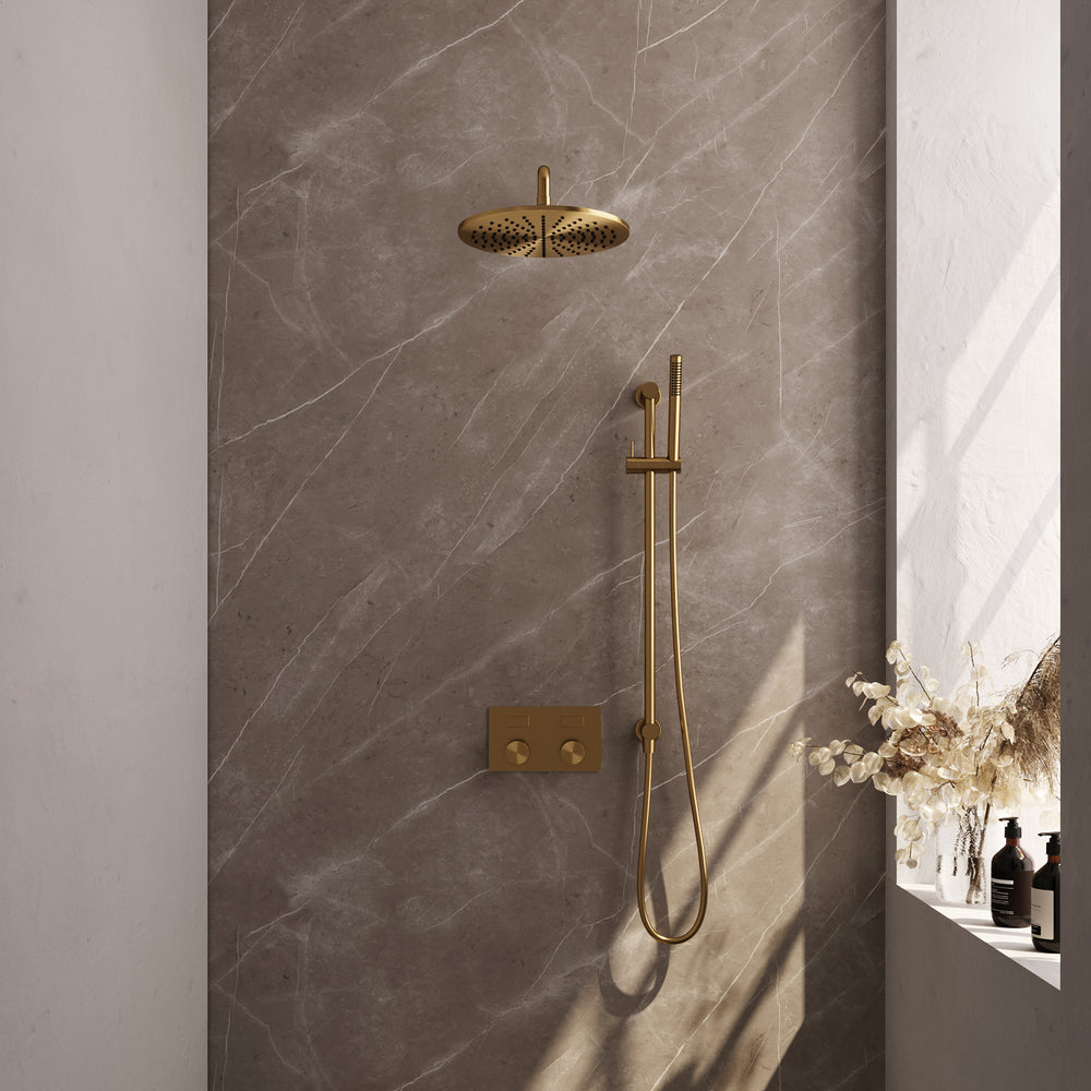 BRAUER Gold Carving thermostatische inbouw regendouche met drukknoppen SET 64 met 30 cm douchekop en gebogen muurarm en staaf handdouche en doucheslang en geïntegreerde glijstang goud geborsteld PVD