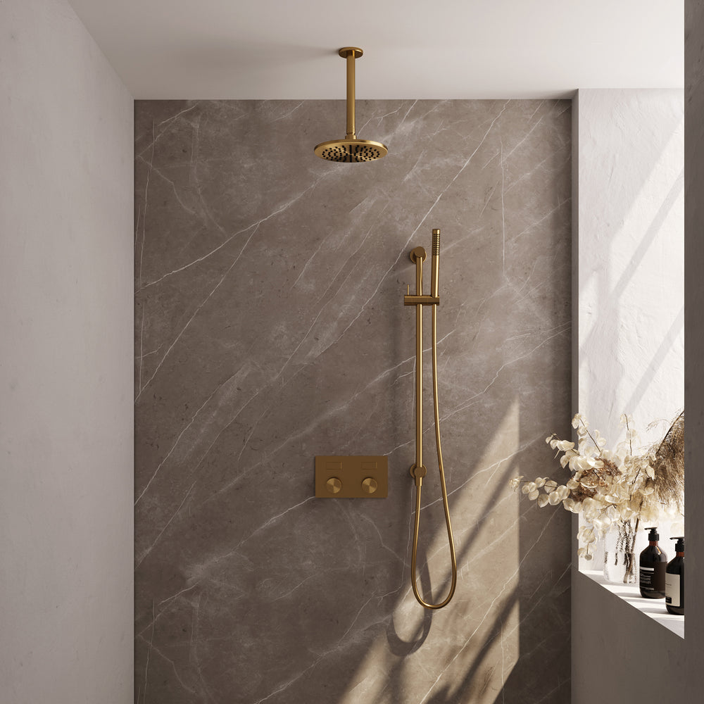 BRAUER Gold Carving thermostatische inbouw regendouche met drukknoppen SET 65 met 20 cm douchekop en plafondarm en staaf handdouche en doucheslang en geïntegreerde glijstang goud geborsteld PVD