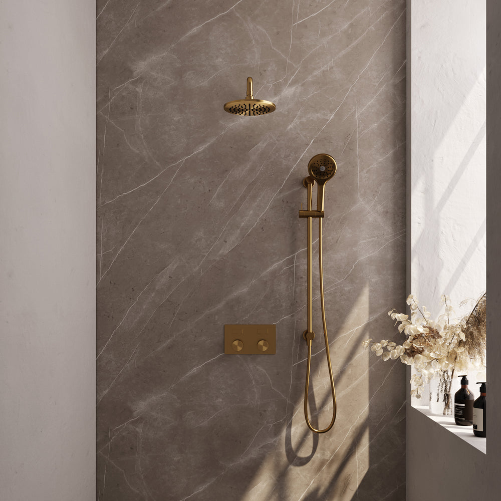 BRAUER Gold Carving thermostatische inbouw regendouche met drukknoppen SET 69 met 20 cm douchekop en gebogen muurarm en 3-standen handdouche en doucheslang en geïntegreerde glijstang goud geborsteld PVD