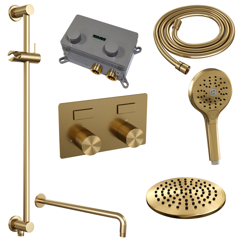 BRAUER Gold Carving thermostatische inbouw regendouche met drukknoppen SET 69 met 20 cm douchekop en gebogen muurarm en 3-standen handdouche en doucheslang en geïntegreerde glijstang goud geborsteld PVD