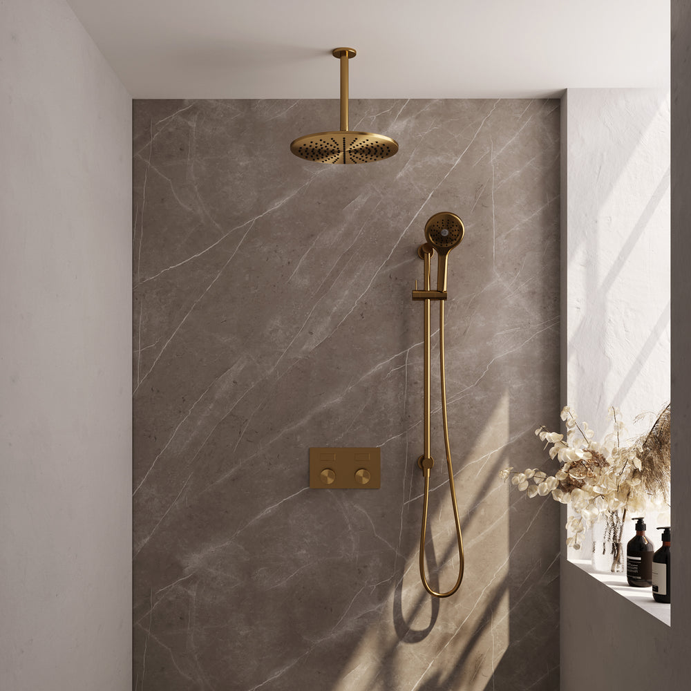 BRAUER Gold Carving thermostatische inbouw regendouche met drukknoppen SET 72 met 30 cm douchekop en plafondarm en 3-standen handdouche en doucheslang en geïntegreerde glijstang goud geborsteld PVD