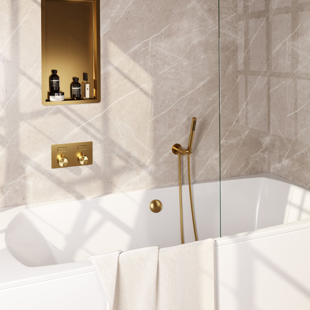 BRAUER Gold Edition thermostatische inbouw badkraan met drukknoppen SET 03 met badvulcombinatie en staaf handdouche en doucheslang en wandaansluitbocht goud geborsteld PVD