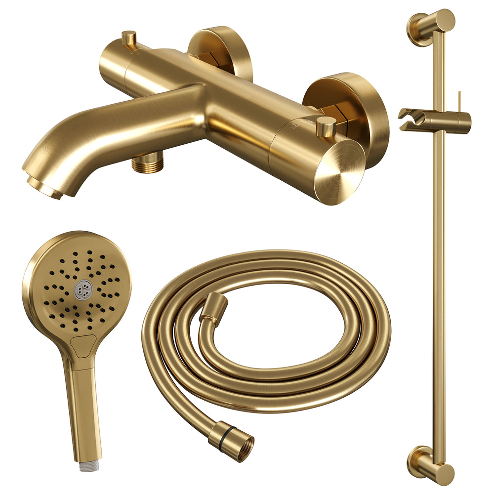 BRAUER Gold Edition opbouw baddouche thermostaatkraan SET 02 met glijstang en 3-standen handdouche en doucheslang goud geborsteld PVD