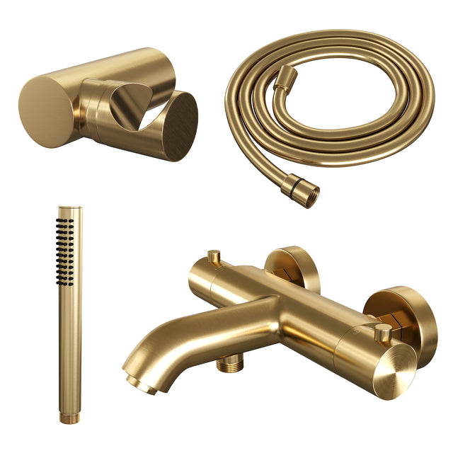 BRAUER Gold Edition opbouw baddouche thermostaatkraan SET 03 met wandhouder en staaf handdouche en doucheslang goud geborsteld PVD