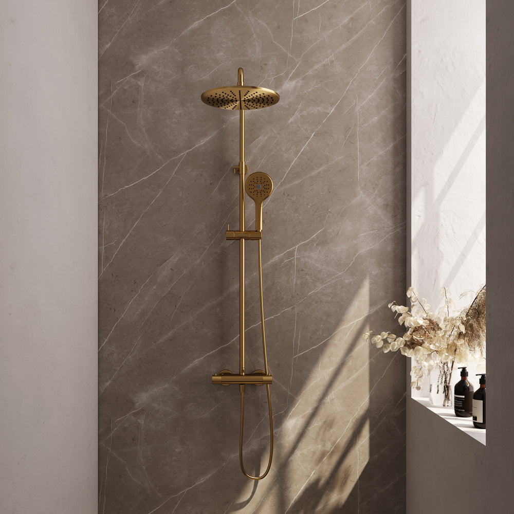 BRAUER Gold Carving opbouw thermostatische regendouche SET 04 met 30 cm hoofddouche en 3-standen handdouche en doucheslang goud geborsteld PVD 5-GG-256