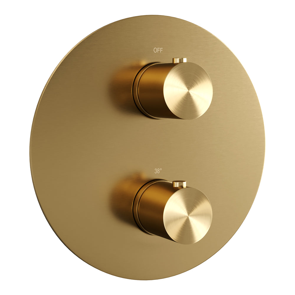 BRAUER Gold Edition thermostatische inbouw regendouche 3-weg rond SET 79 met 20 cm douchekop en rechte muurarm en 3-standen handdouche en doucheslang en wandaansluitbocht goud geborsteld PVD 5-GG-273