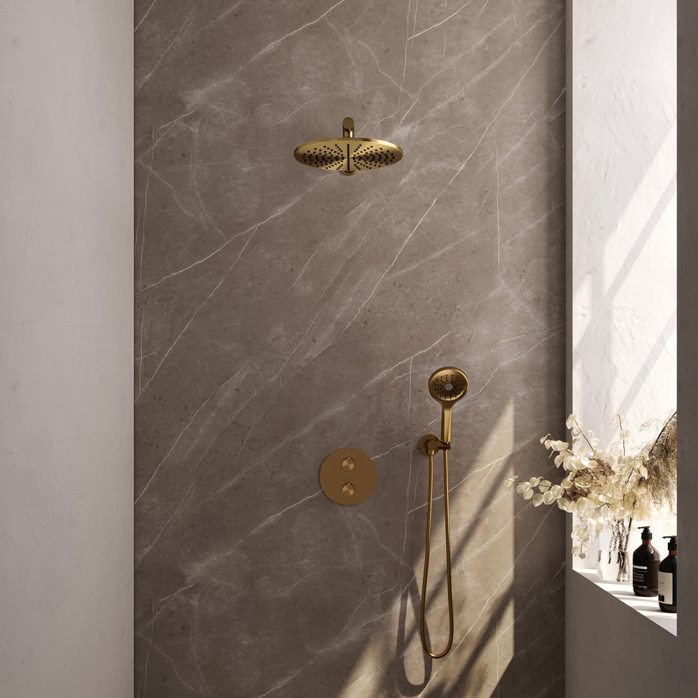 BRAUER Gold Edition thermostatische inbouw regendouche 3-weg rond SET 80 met 30 cm douchekop en rechte muurarm en 3-standen handdouche en doucheslang en wandaansluitbocht goud geborsteld PVD 5-GG-274