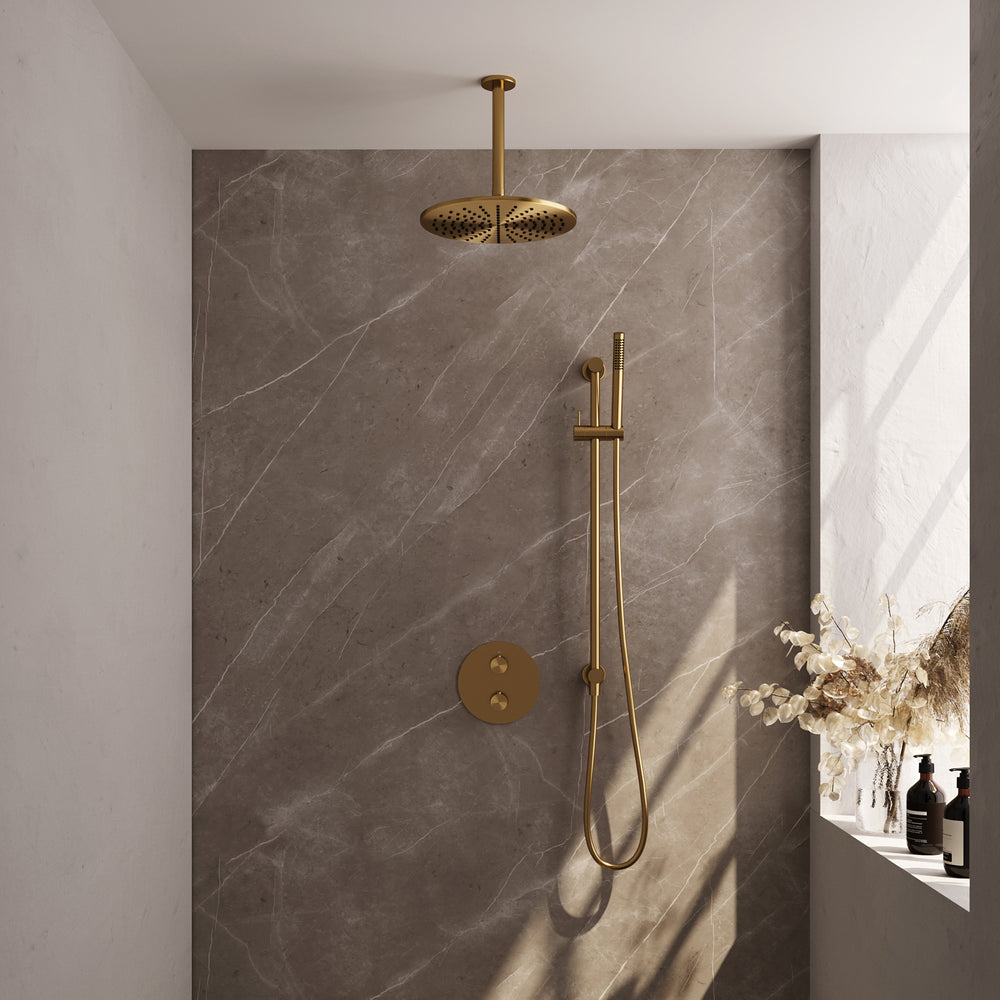 BRAUER Gold Edition thermostatische inbouw regendouche 3-weg rond SET 90 met 30 cm douchekop en plafondarm en staaf handdouche en doucheslang en geïntegreerde glijstang goud geborsteld PVD 5-GG-284