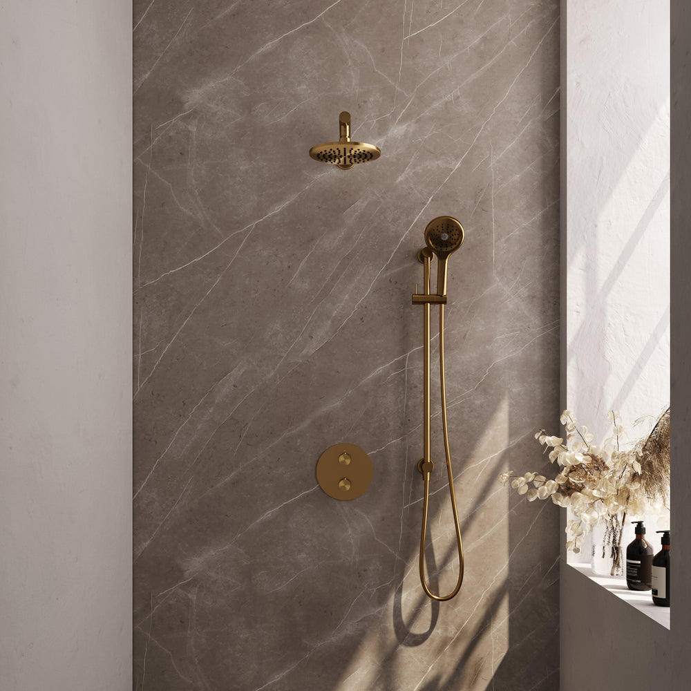 BRAUER Gold Edition thermostatische inbouw regendouche 3-weg rond SET 91 met 20 cm douchekop en rechte muurarm en 3-standen handdouche en doucheslang en geïntegreerde glijstang goud geborsteld PVD 5-GG-285