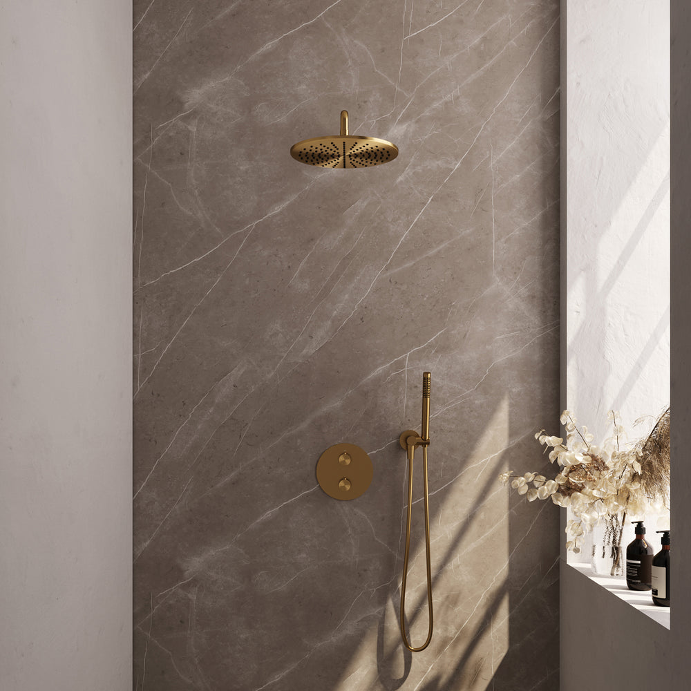 BRAUER Gold Carving thermostatische inbouw regendouche 3-weg rond SET 76 met 30 cm douchekop en gebogen muurarm en staaf handdouche en doucheslang en wandaansluitbocht goud geborsteld PVD 5-GG-294