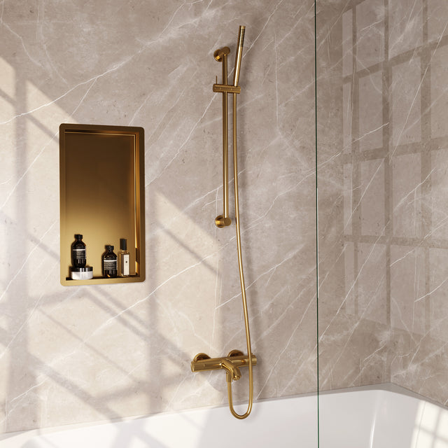 BRAUER Stripe opbouw baddouche thermostaatkraan SET 01 met glijstang en staaf handdouche en doucheslang goud geborsteld PVD 5-GG-340