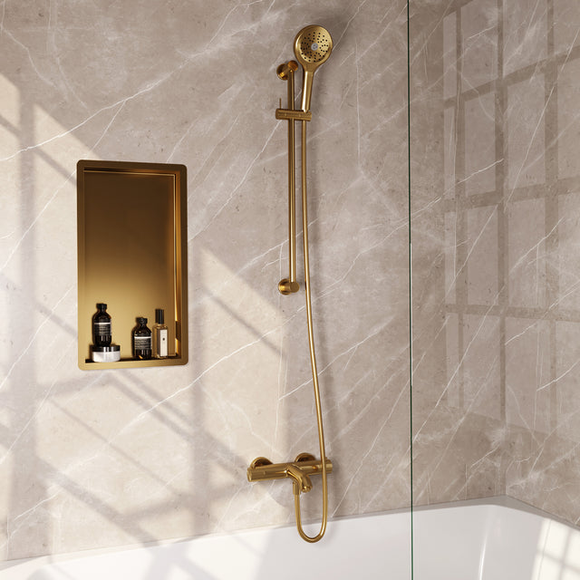 BRAUER Stripe opbouw baddouche thermostaatkraan SET 02 met glijstang en 3-standen handdouche en doucheslang goud geborsteld PVD 5-GG-341