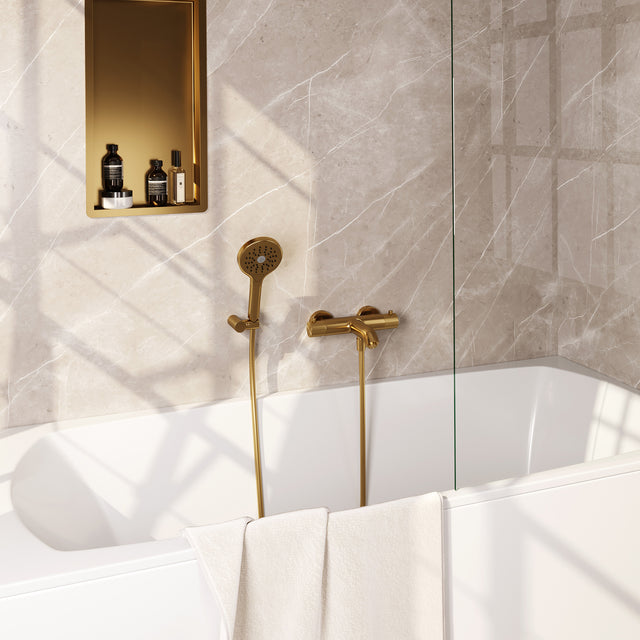 BRAUER Stripe opbouw baddouche thermostaatkraan SET 04 met wandhouder en 3-standen handdouche en doucheslang goud geborsteld PVD 5-GG-343